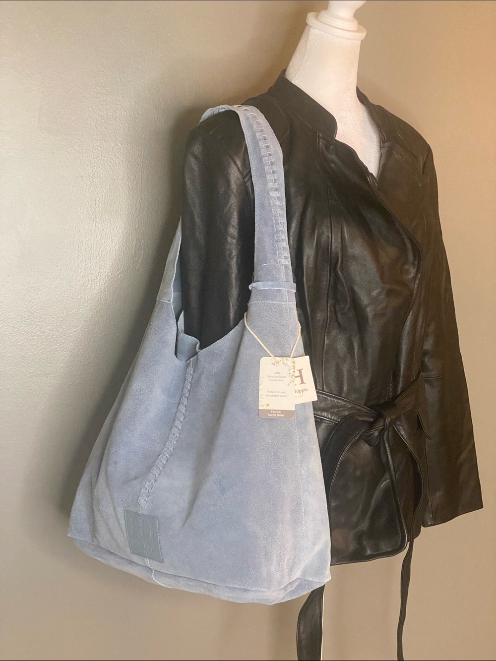 NWT! Haute Hippie Genuine Powder Blue Suede Slouchy Hobo W/ Detachable Small Bag - Picture 3 of 10